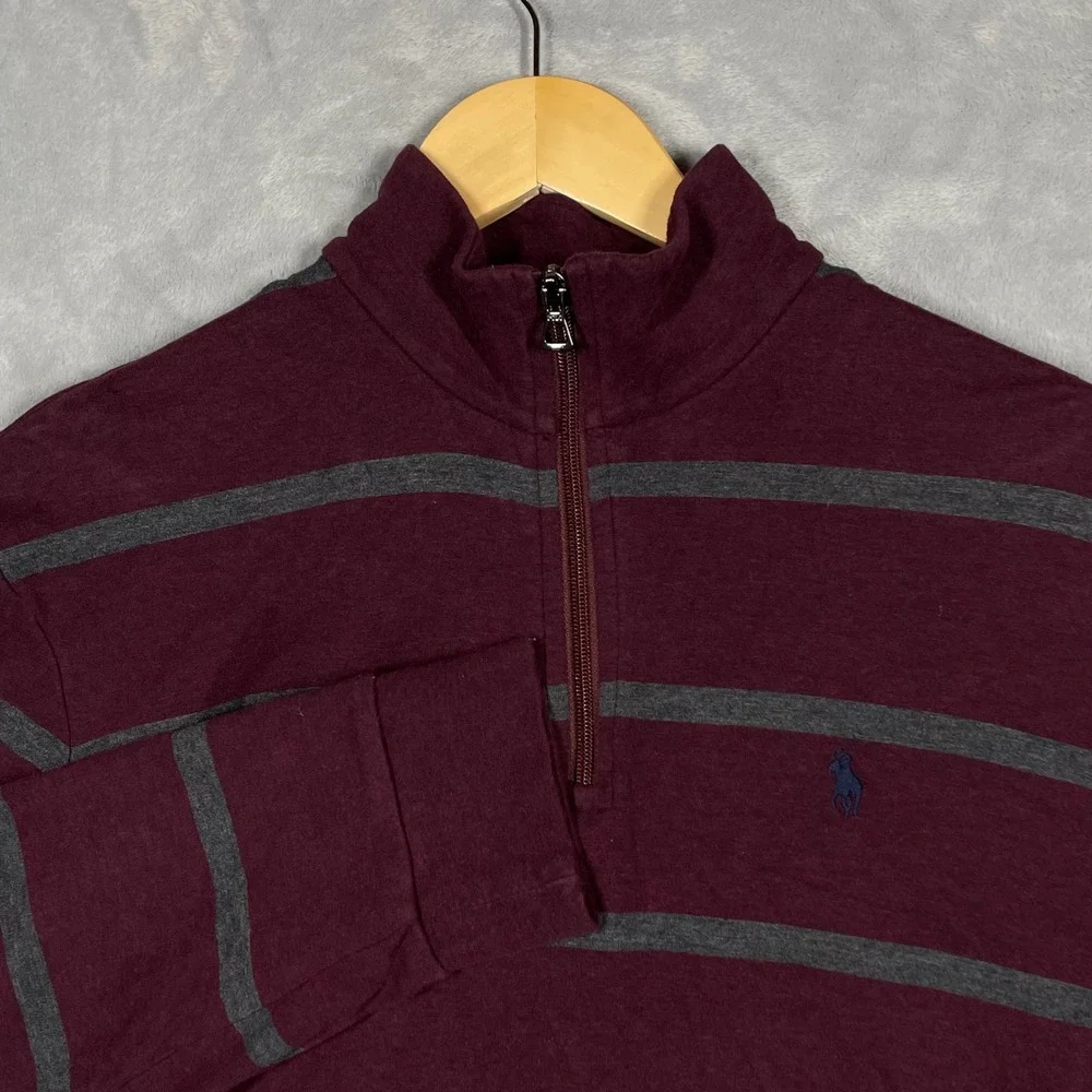 Polo Ralph Lauren Mens Medium Burgundy Grey Striped Quarter Zip Pullover Sweater